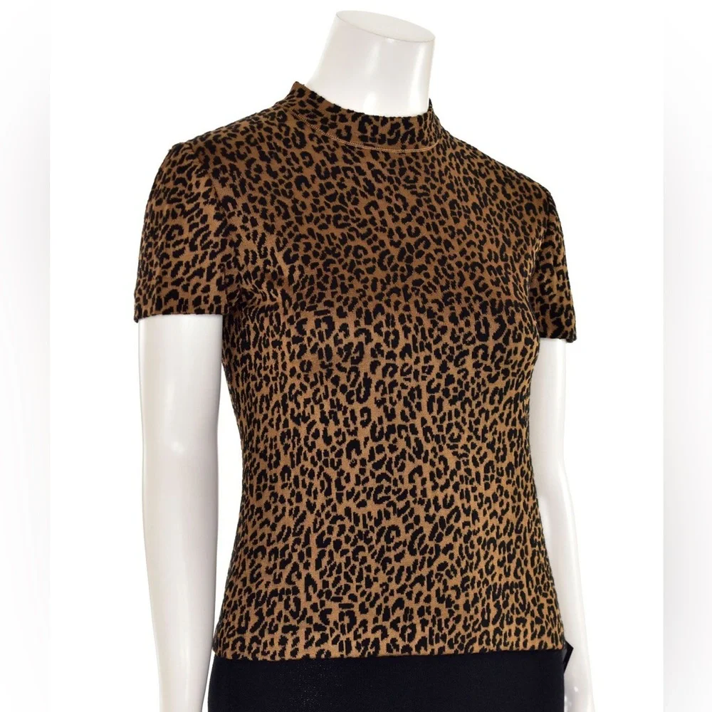 St. John Knit Leopard Animal Print Mock Neck Short Sleeve Top - Picture 5 of 17